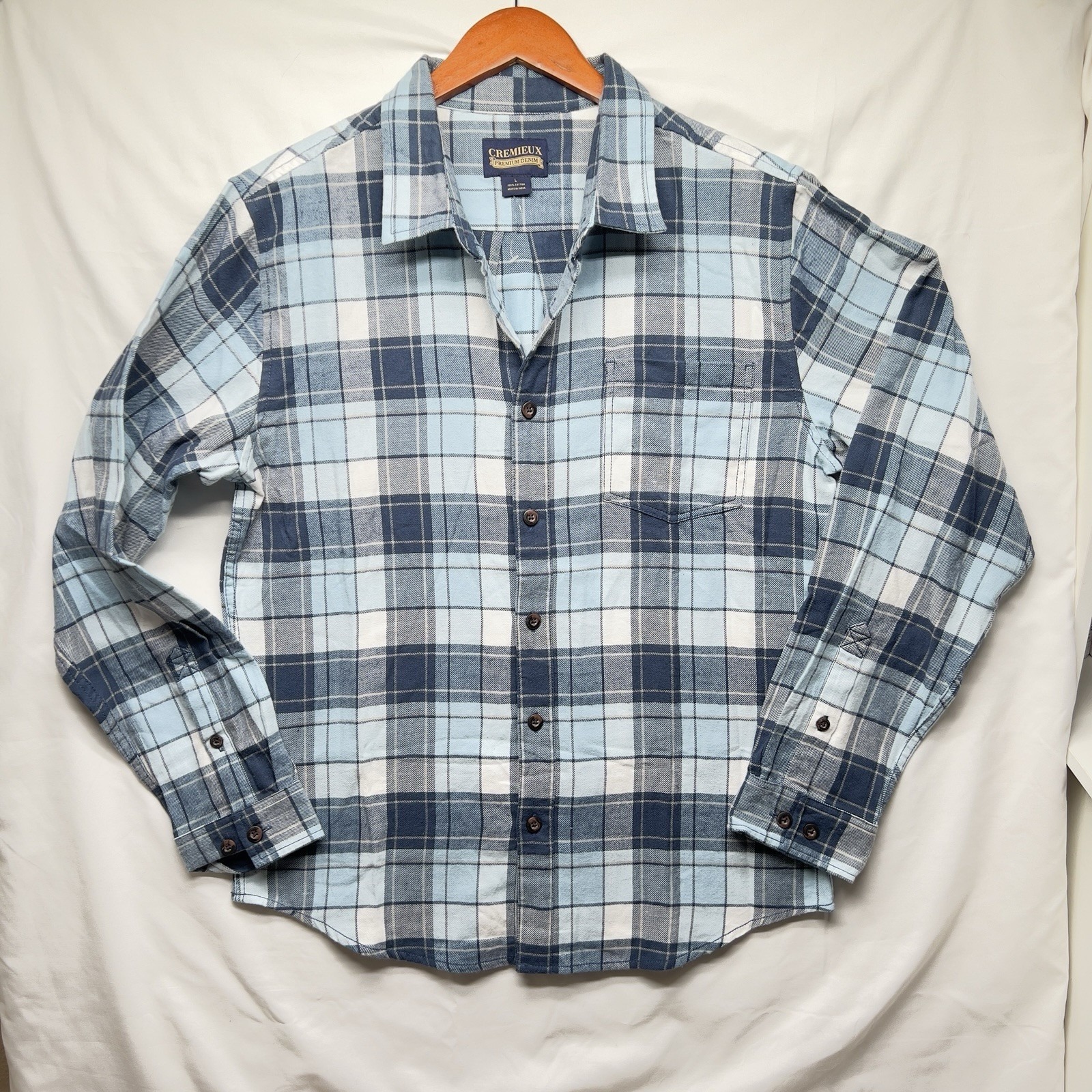 New Cremieux Premium Denim Ls Shirt Mens L Blue White Soft Cotton Plaid